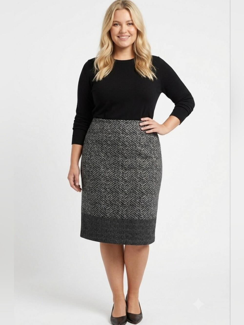 2X Studio Black and White Herringbone Pencil Skirt Plus Size